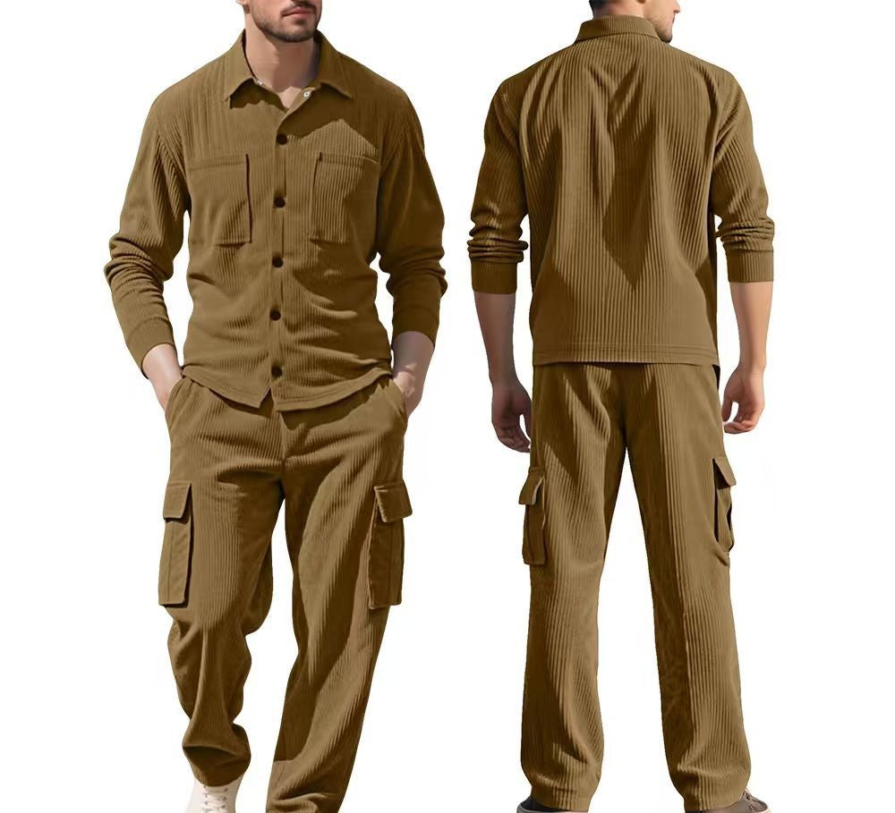 Men's Lapel Corduroy Oversized Long Sleeve Casual Two-Piece Set Office Travel Weekend