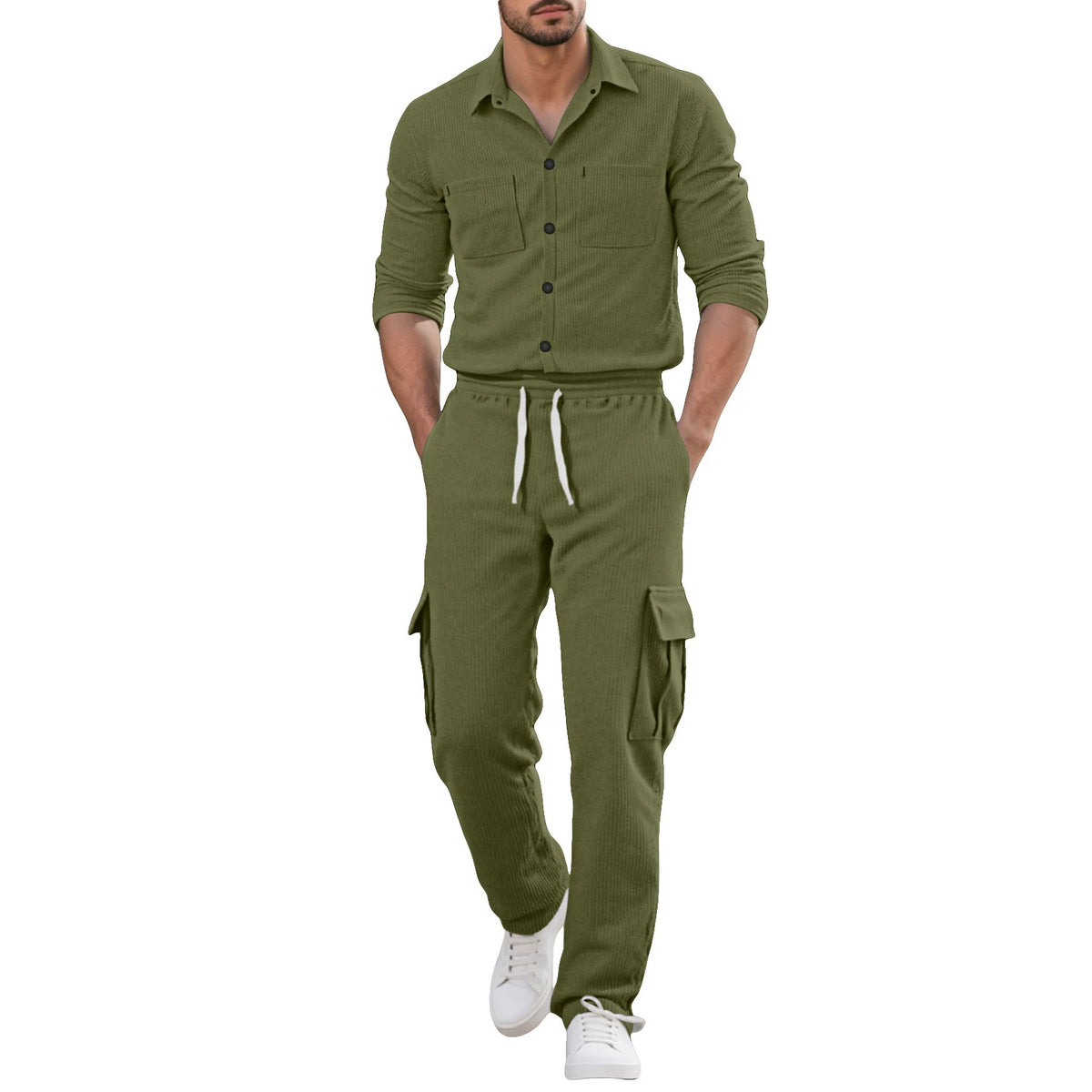 Men's Lapel Corduroy Oversized Long Sleeve Casual Two-Piece Set Office Travel Weekend