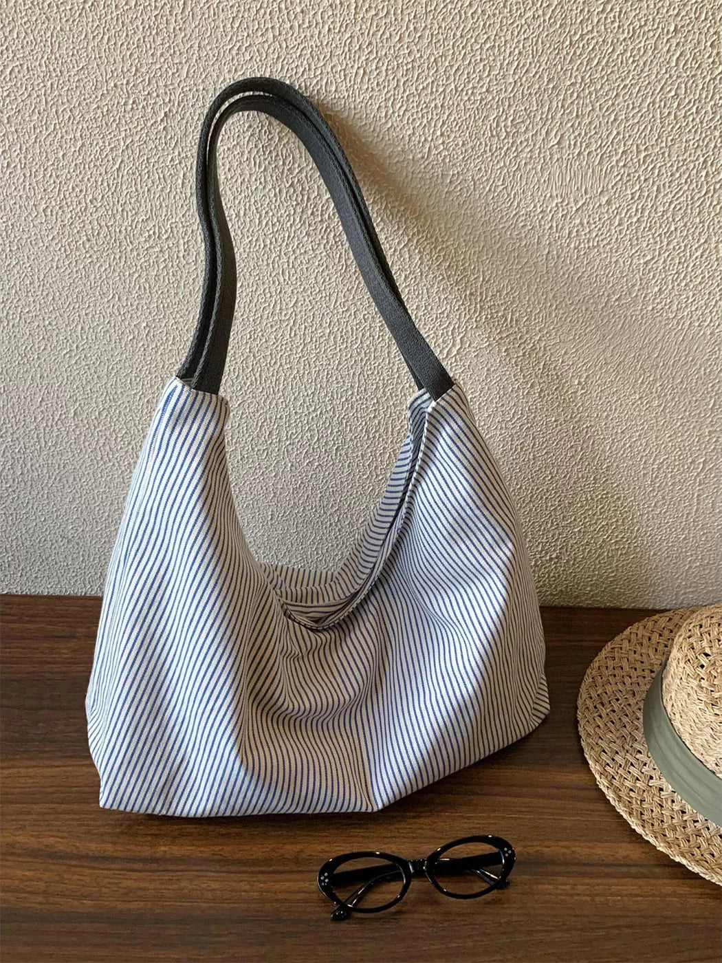 Women's Large-Capacity Canvas Striped Office Workwear Relaxed Tote Bag Shoulder Crossbody Purse Work and Travel School