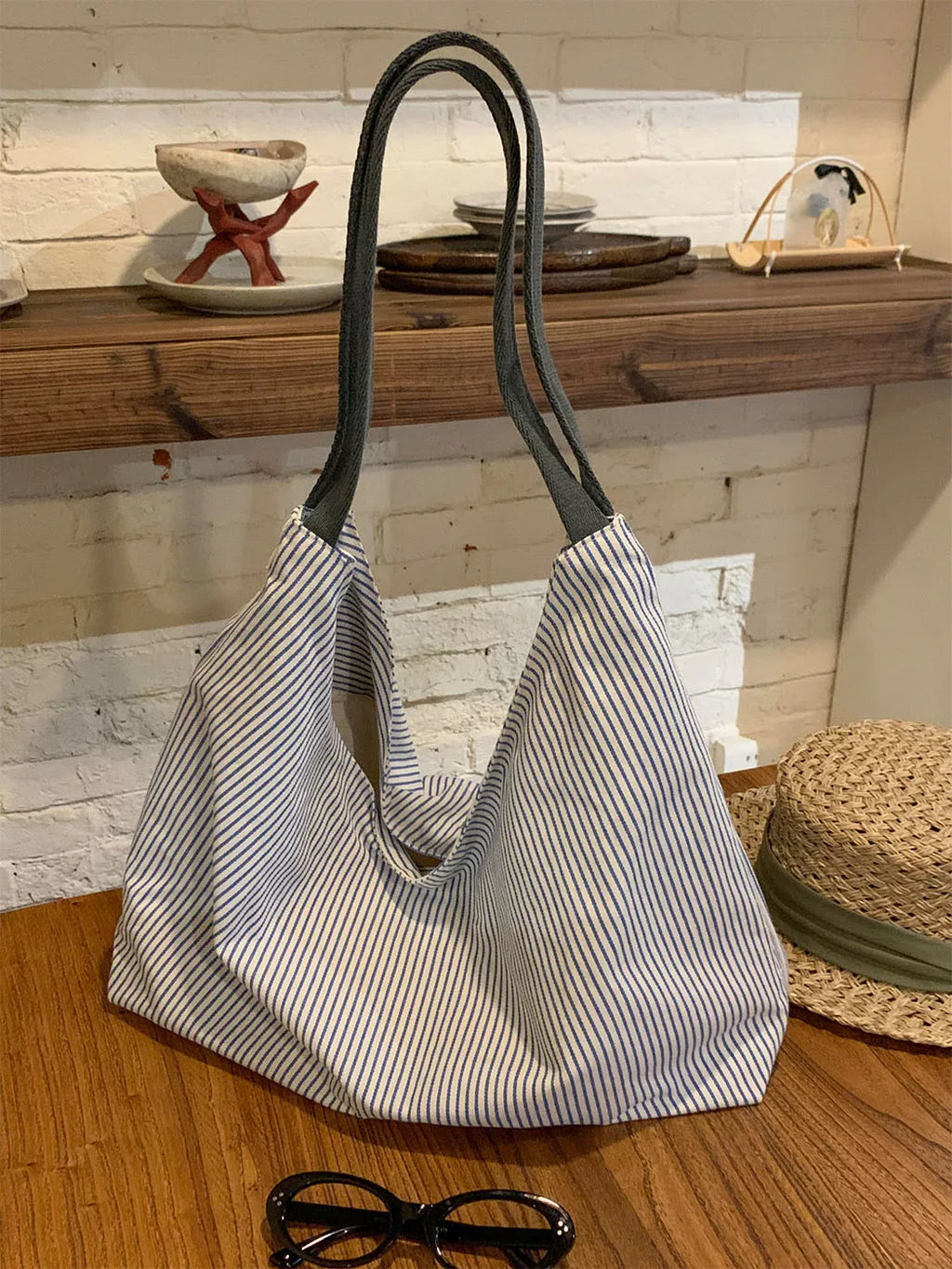 Women's Large-Capacity Canvas Striped Office Workwear Relaxed Tote Bag Shoulder Crossbody Purse Work and Travel School
