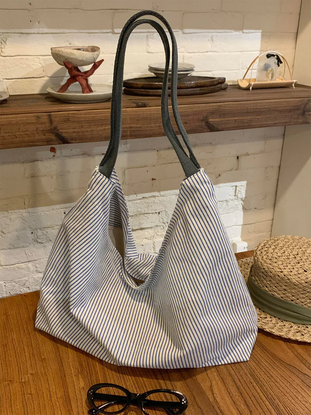 Women's Large-Capacity Canvas Striped Office Workwear Relaxed Tote Bag Shoulder Crossbody Purse Work and Travel School