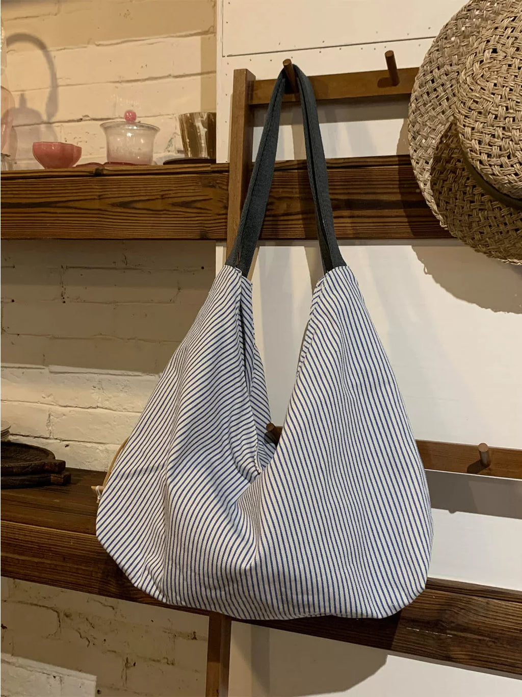 Women's Large-Capacity Canvas Striped Office Workwear Relaxed Tote Bag Shoulder Crossbody Purse Work and Travel School