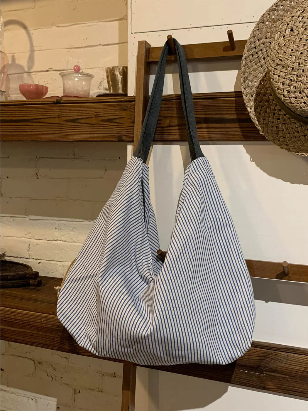Women's Large-Capacity Canvas Striped Office Workwear Relaxed Tote Bag Shoulder Crossbody Purse Work and Travel School