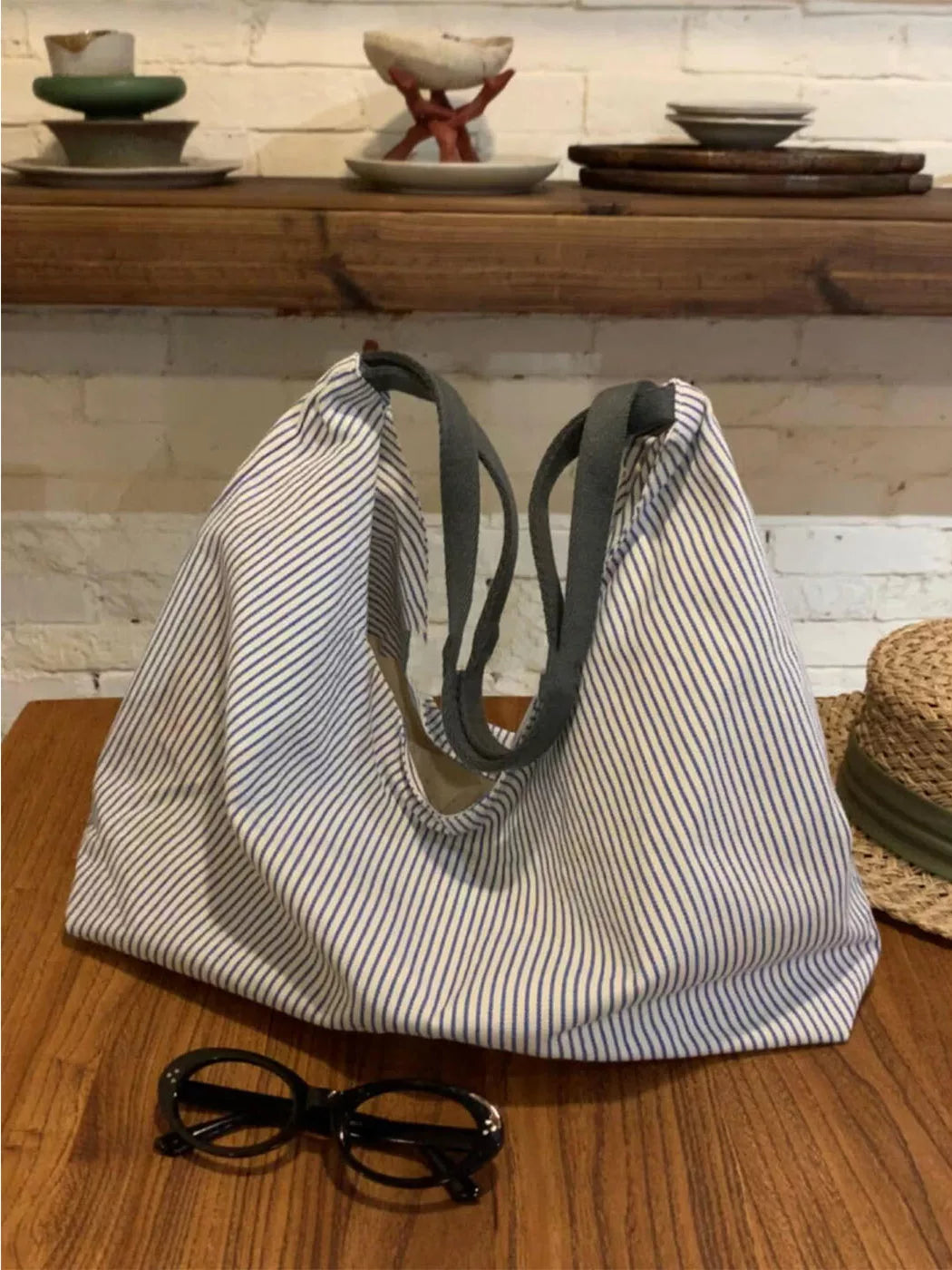 Women's Large-Capacity Canvas Striped Office Workwear Relaxed Tote Bag Shoulder Crossbody Purse Work and Travel School