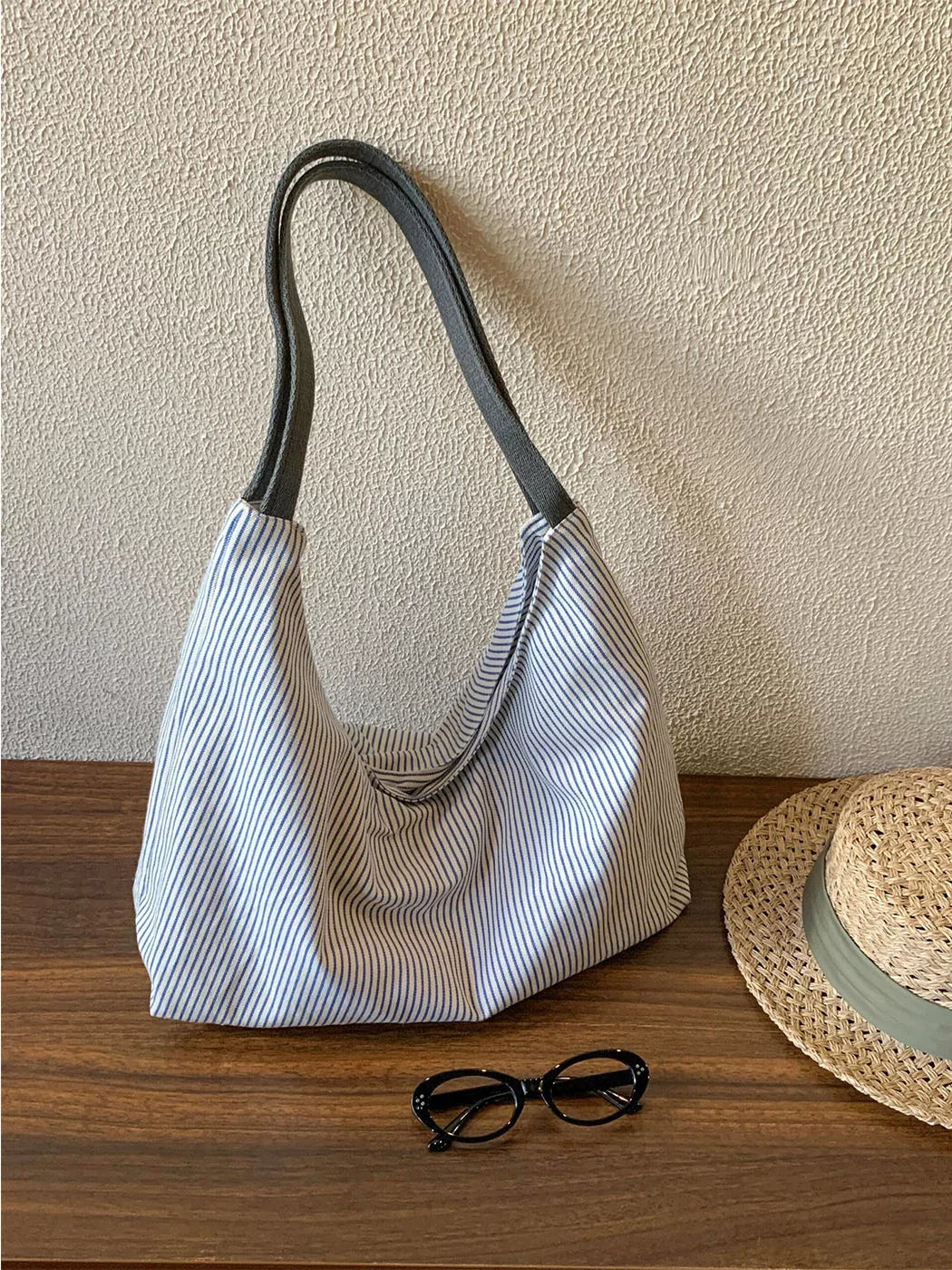 Women's Large-Capacity Canvas Striped Office Workwear Relaxed Tote Bag Shoulder Crossbody Purse Work and Travel School