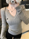 Women's V-Neck Fall Winter Slim-Fit Office Long Sleeve Korean-Style Workwear Sweater Knit Pullover Top for Casual Outfits Spring Travel