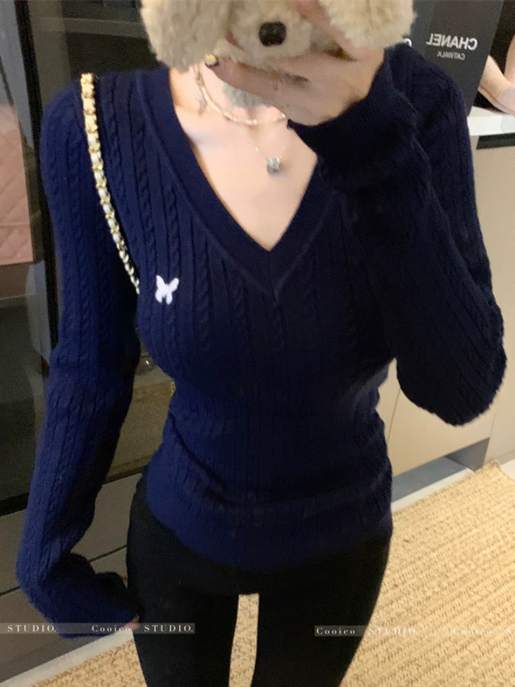 Women's V-Neck Fall Winter Slim-Fit Office Long Sleeve Korean-Style Workwear Sweater Knit Pullover Top for Casual Outfits Spring Travel