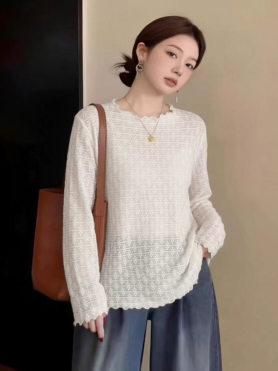 Women's Lace Plus Size Oversized Slim-fit Long Sleeve Cutout Relaxed Top Fashion Blouse Shirt for Office Outfits Business Casual Streetwear Slimming