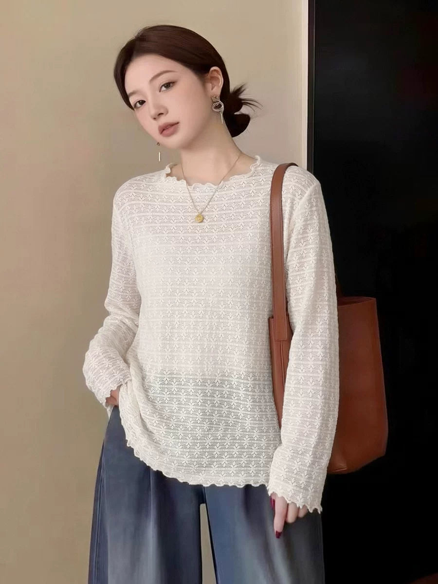 Women's Lace Plus Size Oversized Slim-fit Long Sleeve Cutout Relaxed Top Fashion Blouse Shirt for Office Outfits Business Casual Streetwear Slimming