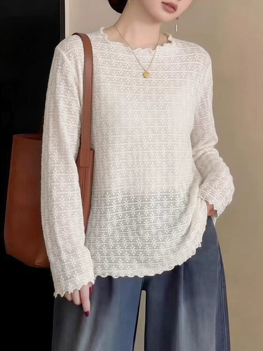 Women's Lace Plus Size Oversized Slim-fit Long Sleeve Cutout Relaxed Top Fashion Blouse Shirt for Office Outfits Business Casual Streetwear Slimming