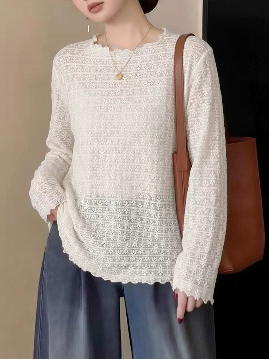 Women's Lace Plus Size Oversized Slim-fit Long Sleeve Cutout Relaxed Top Fashion Blouse Shirt for Office Outfits Business Casual Streetwear Slimming