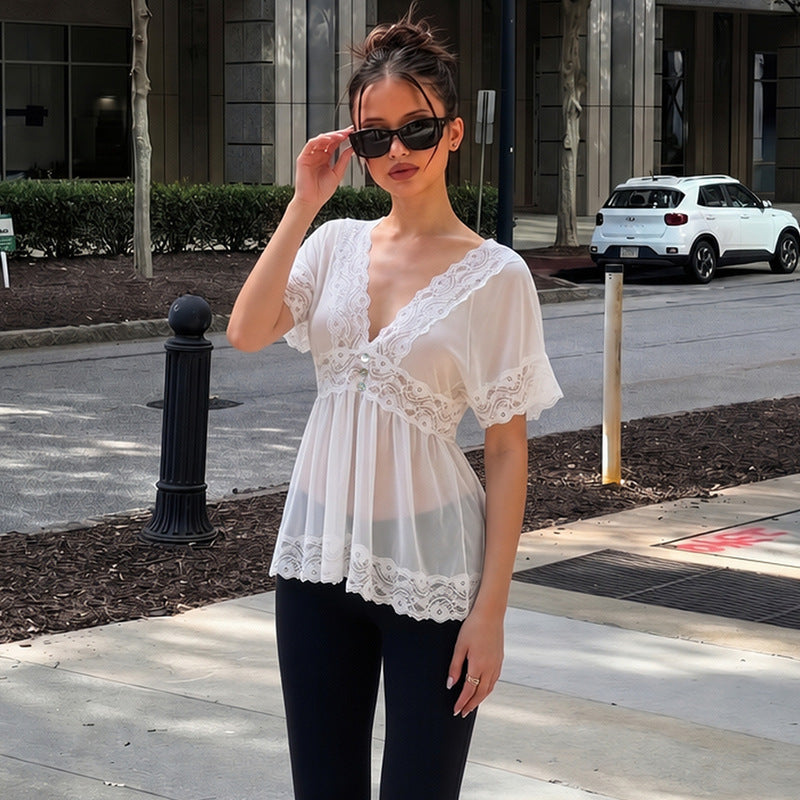 Women's Lace Chiffon Longline Oversized Top Fashion Blouse Shirt for Office Outfits Business Casual Streetwear Weekend Everyday