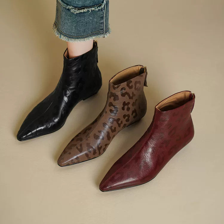 Women's Winter Leopard Leather Pointed Toe Low Heel Slim-fit French-inspired Retro Ankle Boots for Fall Outfits Streetwear Office and Weekend Slimming