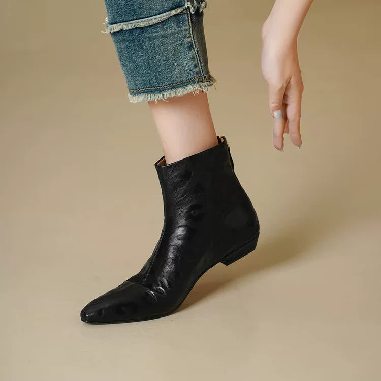Women's Winter Leopard Leather Pointed Toe Low Heel Slim-fit French-inspired Retro Ankle Boots for Fall Outfits Streetwear Office and Weekend Slimming