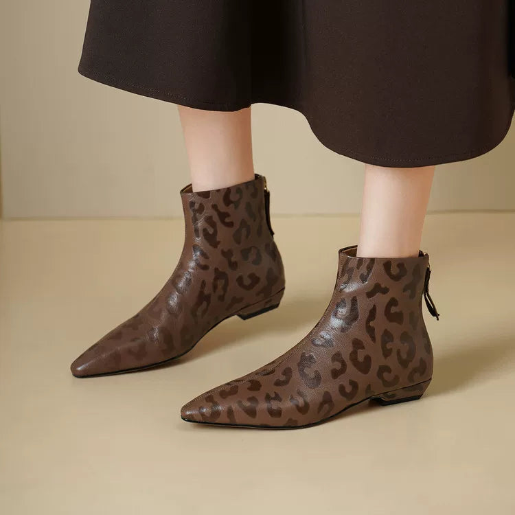 Women's Winter Leopard Leather Pointed Toe Low Heel Slim-fit French-inspired Retro Ankle Boots for Fall Outfits Streetwear Office and Weekend Slimming