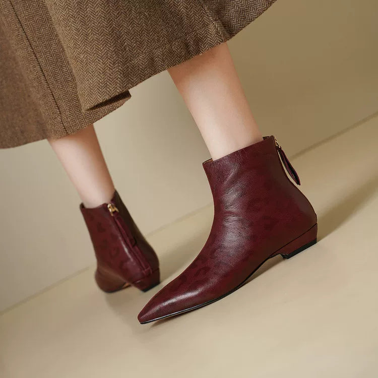 Women's Winter Leopard Leather Pointed Toe Low Heel Slim-fit French-inspired Retro Ankle Boots for Fall Outfits Streetwear Office and Weekend Slimming