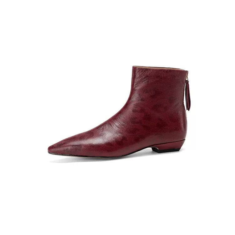Women's Winter Leopard Leather Pointed Toe Low Heel Slim-fit French-inspired Retro Ankle Boots for Fall Outfits Streetwear Office and Weekend Slimming