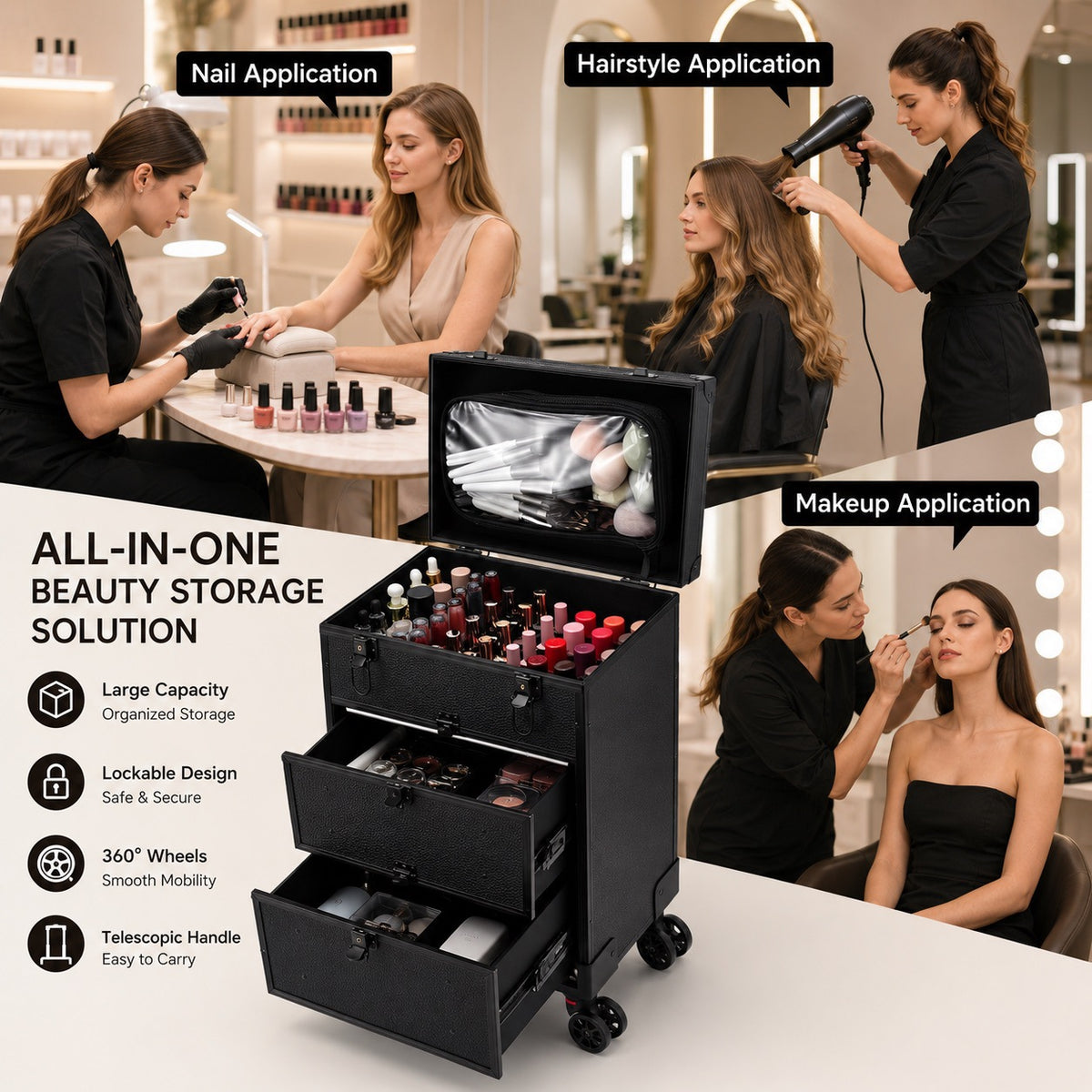Large-Capacity Non-Slip Rolling Makeup Case Bag Train Gift Travel Everyday Cosmetic Pouch