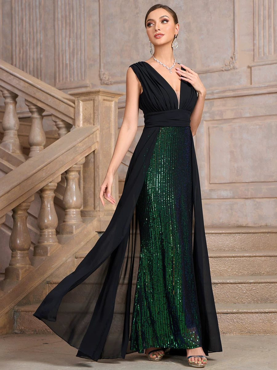 Women's Glitter V-Neck Slim-Waist Sleeveless Maxi Breathable Mesh Evening Dress Formal Midi Dress