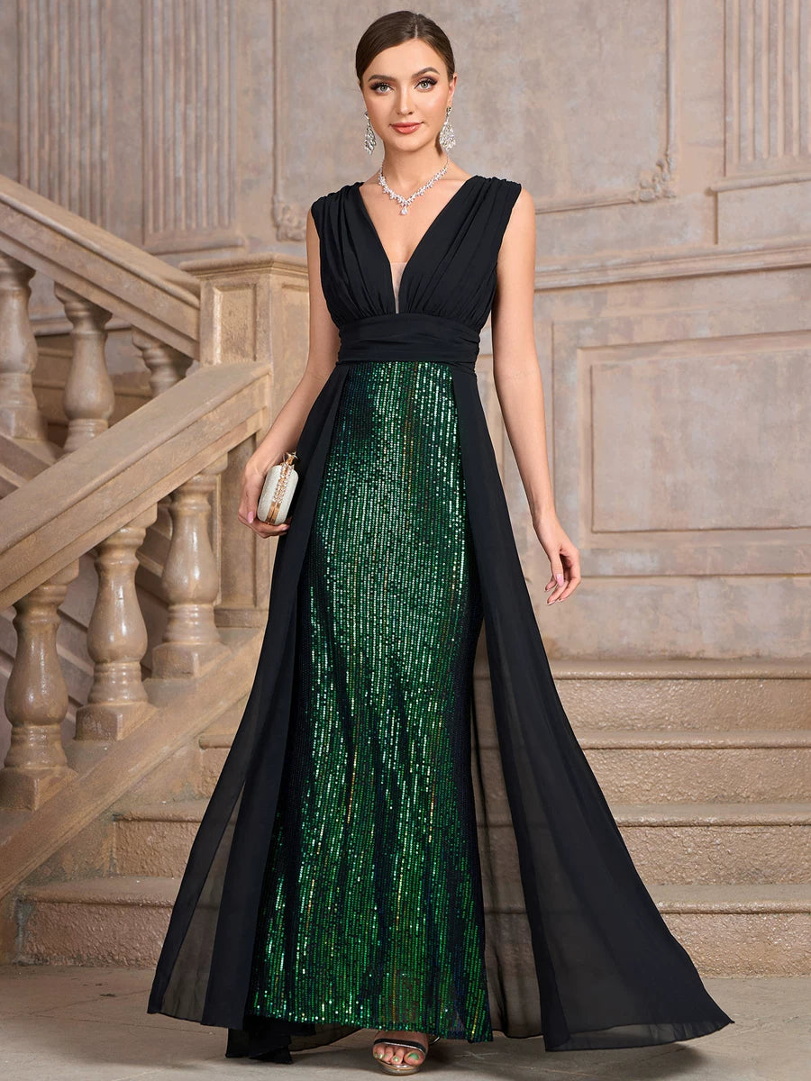 Women's Glitter V-Neck Slim-Waist Sleeveless Maxi Breathable Mesh Evening Dress Formal Midi Dress