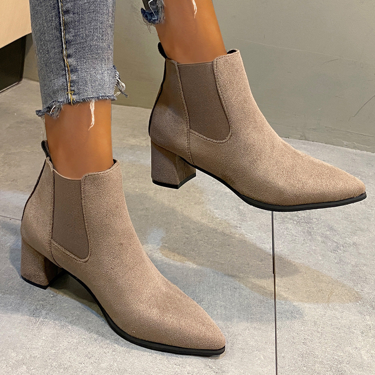 Women's Suede Pointed Toe Block Heel Plus Size Ankle Boots Short Booties