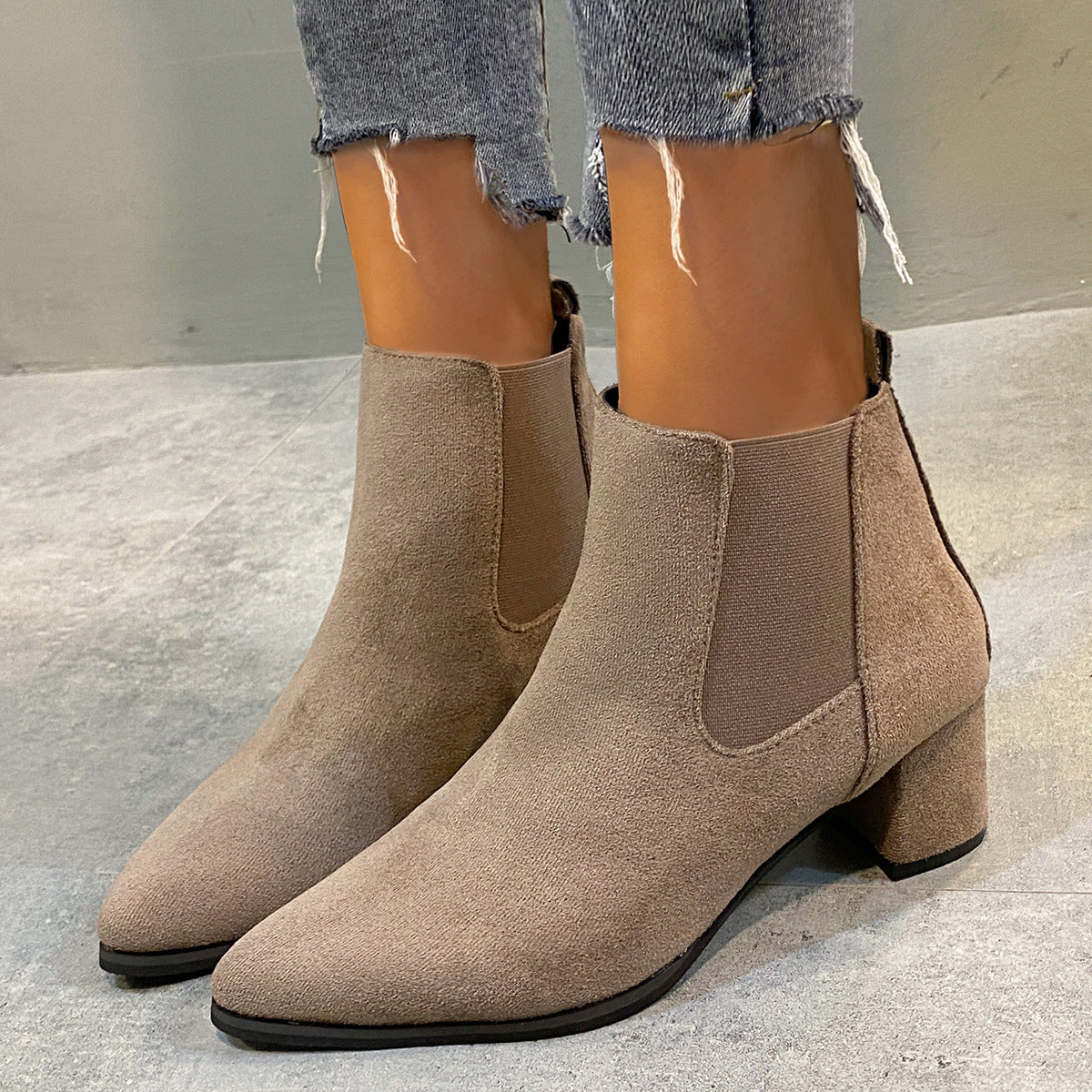 Women's Suede Pointed Toe Block Heel Plus Size Ankle Boots Short Booties