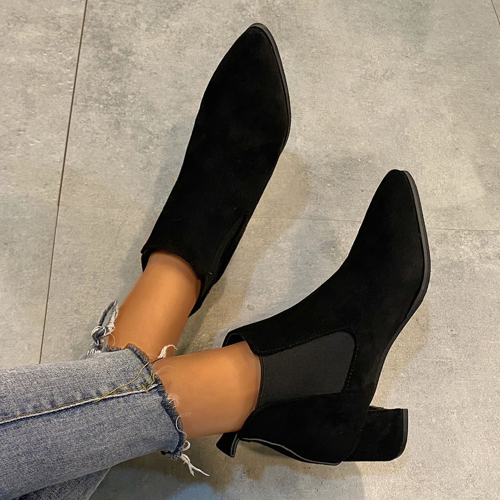 Women's Suede Pointed Toe Block Heel Plus Size Ankle Boots Short Booties
