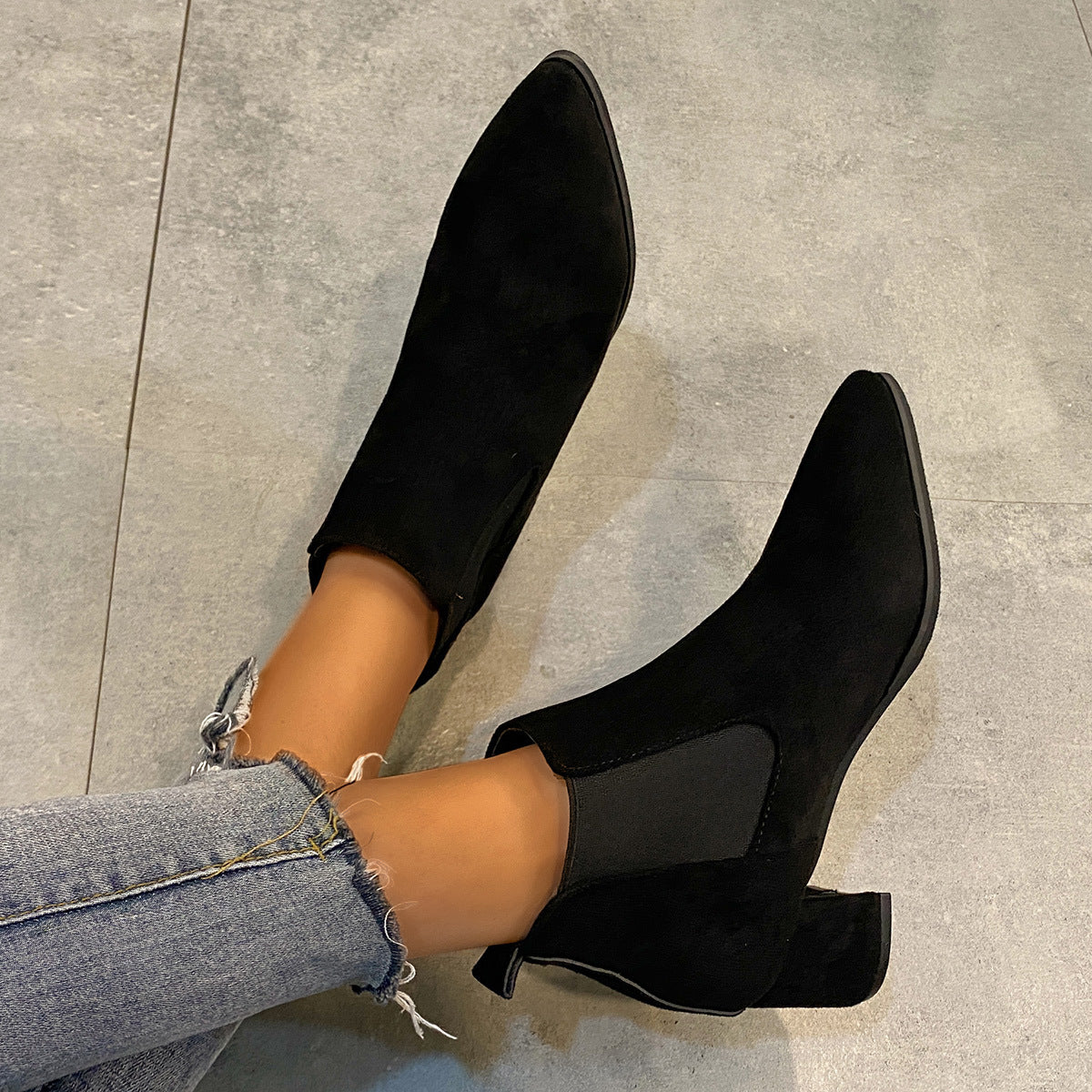 Women's Suede Pointed Toe Block Heel Plus Size Ankle Boots Short Booties