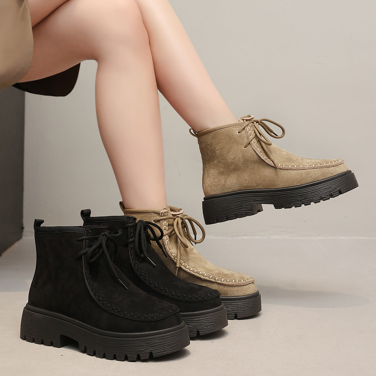Women's Fall Winter Chunky Sole Suede Block Heel Plus Size Lace-Up British-Style Martin Combat Boots