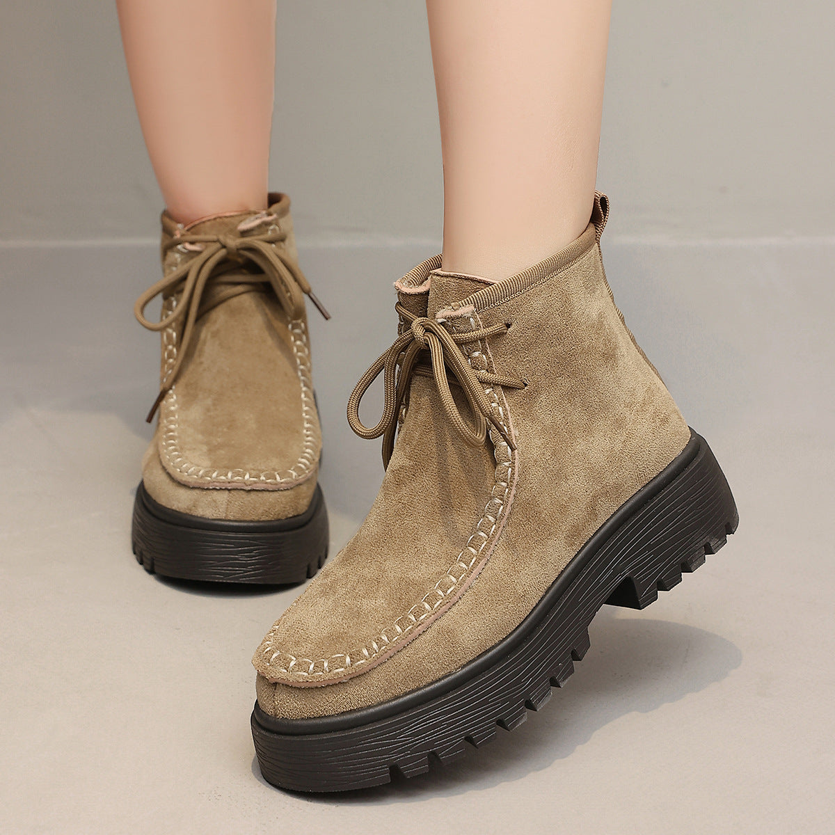 Women's Fall Winter Chunky Sole Suede Block Heel Plus Size Lace-Up British-Style Martin Combat Boots