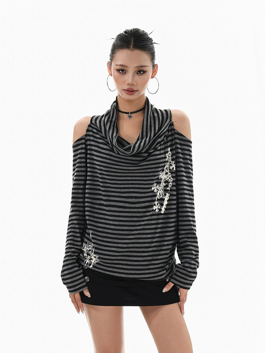Women's Off-Shoulder Striped Open-Back Oversized Long Sleeve Cowl-Neck Retro T-Shirt Casual Tee for Date Night Streetwear Everyday Wear Summer Weekend