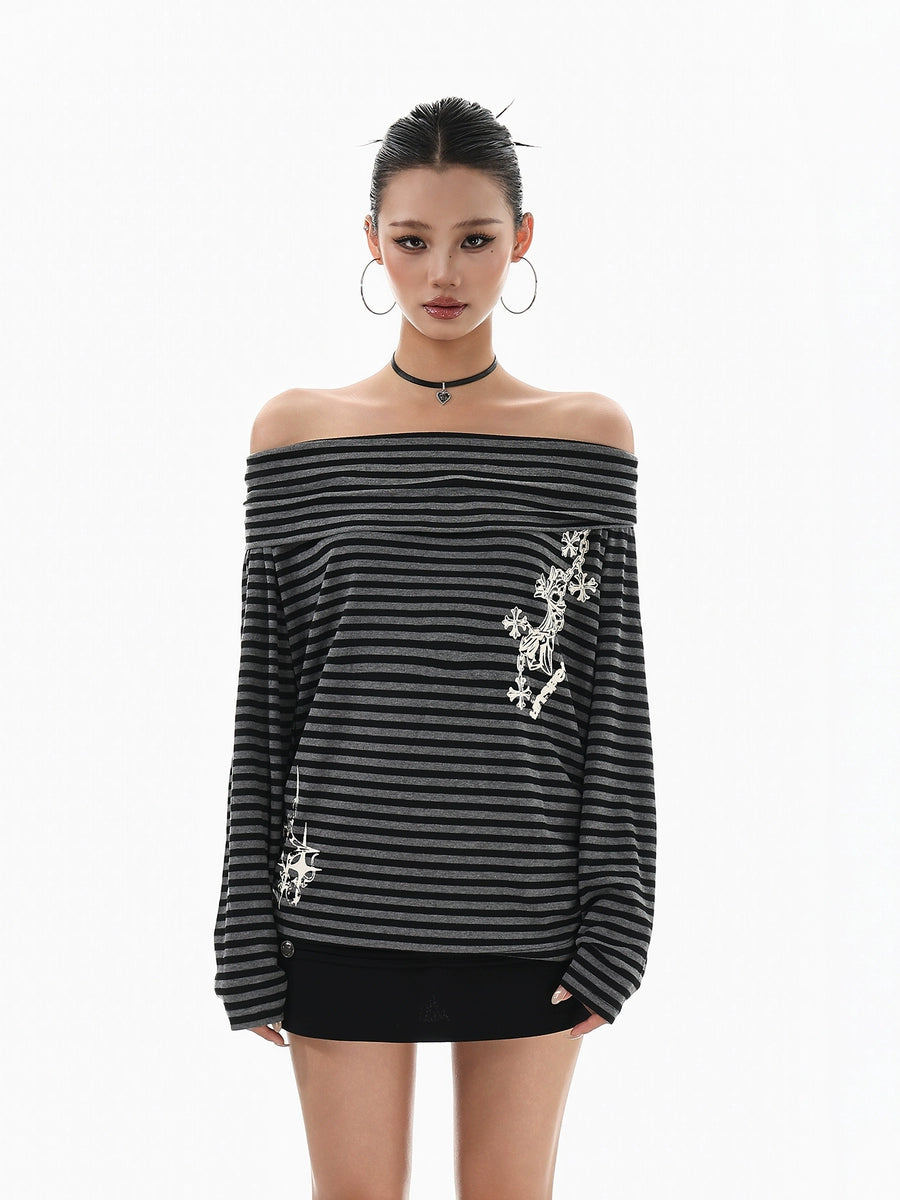 Women's Off-Shoulder Striped Open-Back Oversized Long Sleeve Cowl-Neck Retro T-Shirt Casual Tee for Date Night Streetwear Everyday Wear Summer Weekend