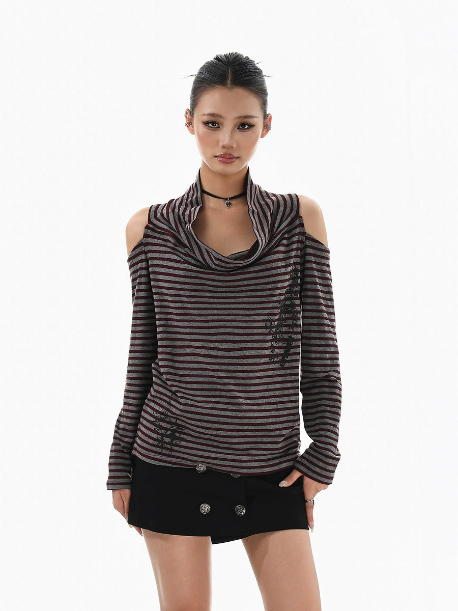 Women's Off-Shoulder Striped Open-Back Oversized Long Sleeve Cowl-Neck Retro T-Shirt Casual Tee for Date Night Streetwear Everyday Wear Summer Weekend