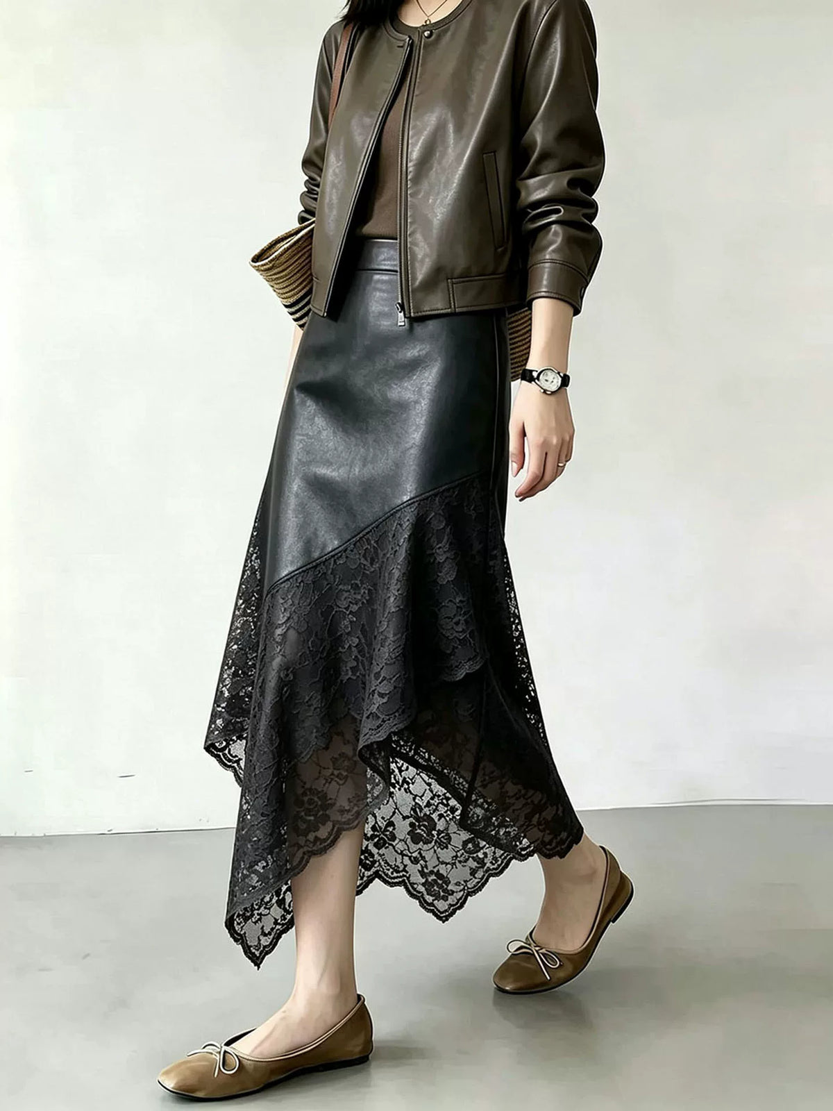Women's Black Lace Leather-look High-waist Slim-fit Asymmetric Clothing Top Weekend Everyday Slimming
