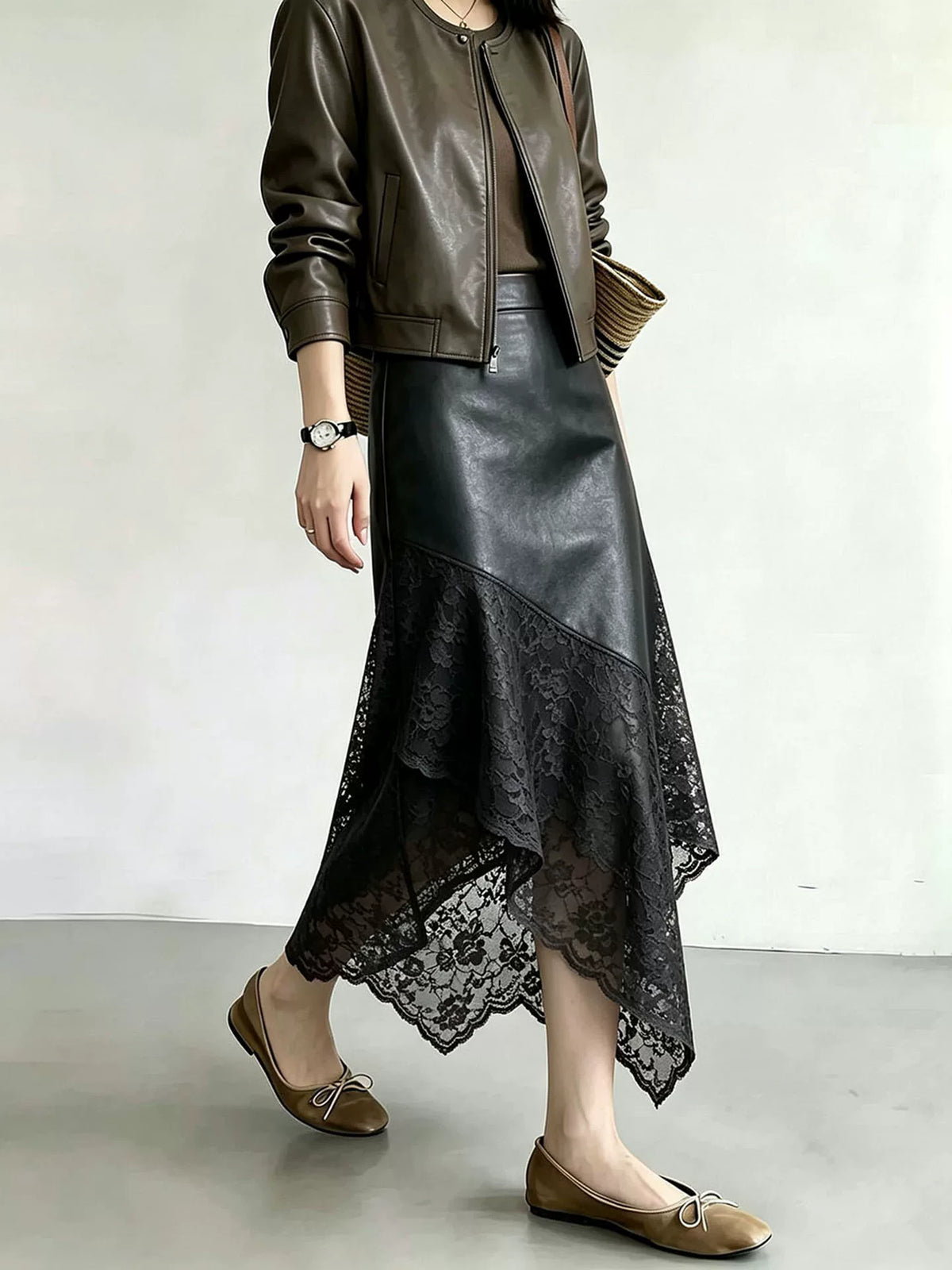 Women's Black Lace Leather-look High-waist Slim-fit Asymmetric Clothing Top Weekend Everyday Slimming