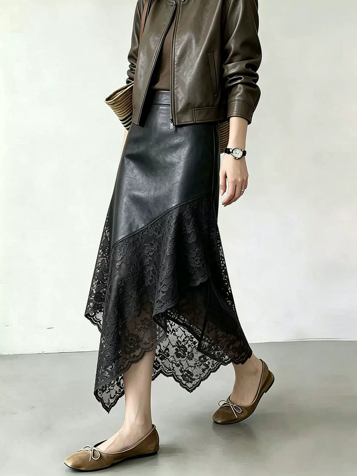 Women's Black Lace Leather-look High-waist Slim-fit Asymmetric Clothing Top Weekend Everyday Slimming