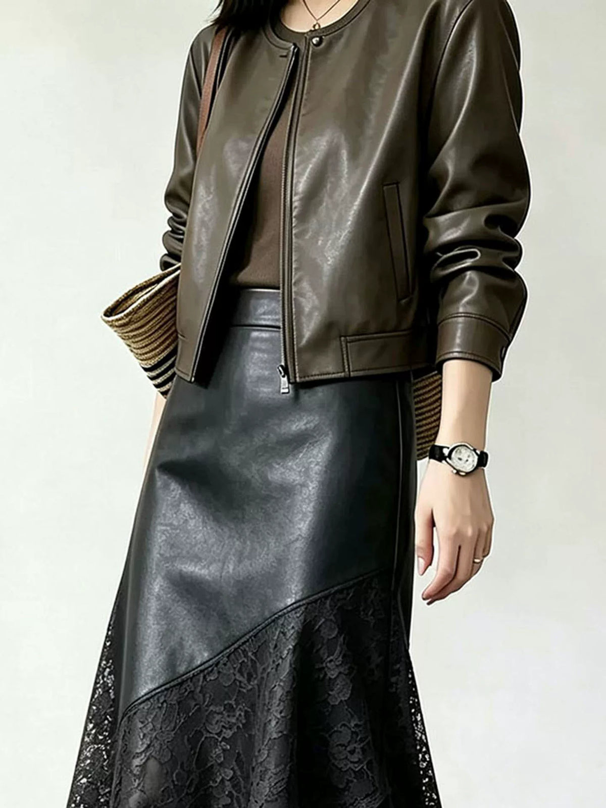 Women's Black Lace Leather-look High-waist Slim-fit Asymmetric Clothing Top Weekend Everyday Slimming