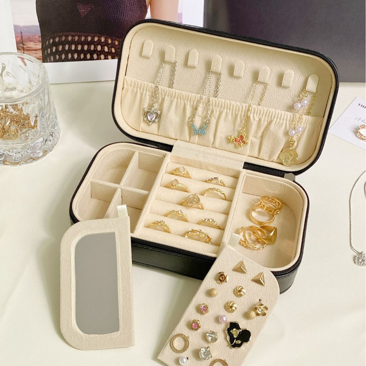 Jewelry Box Organizer Case Home Gift Display Stand Travel Desktop Mirror Small Earrings