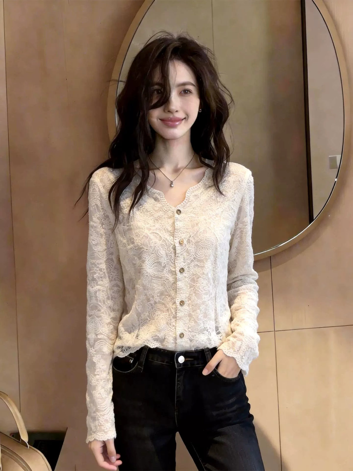 Women's V-Neck Lace Long Sleeve French-Inspired Cardigan for Office Outfits Everyday Work Date Night Fall Winter