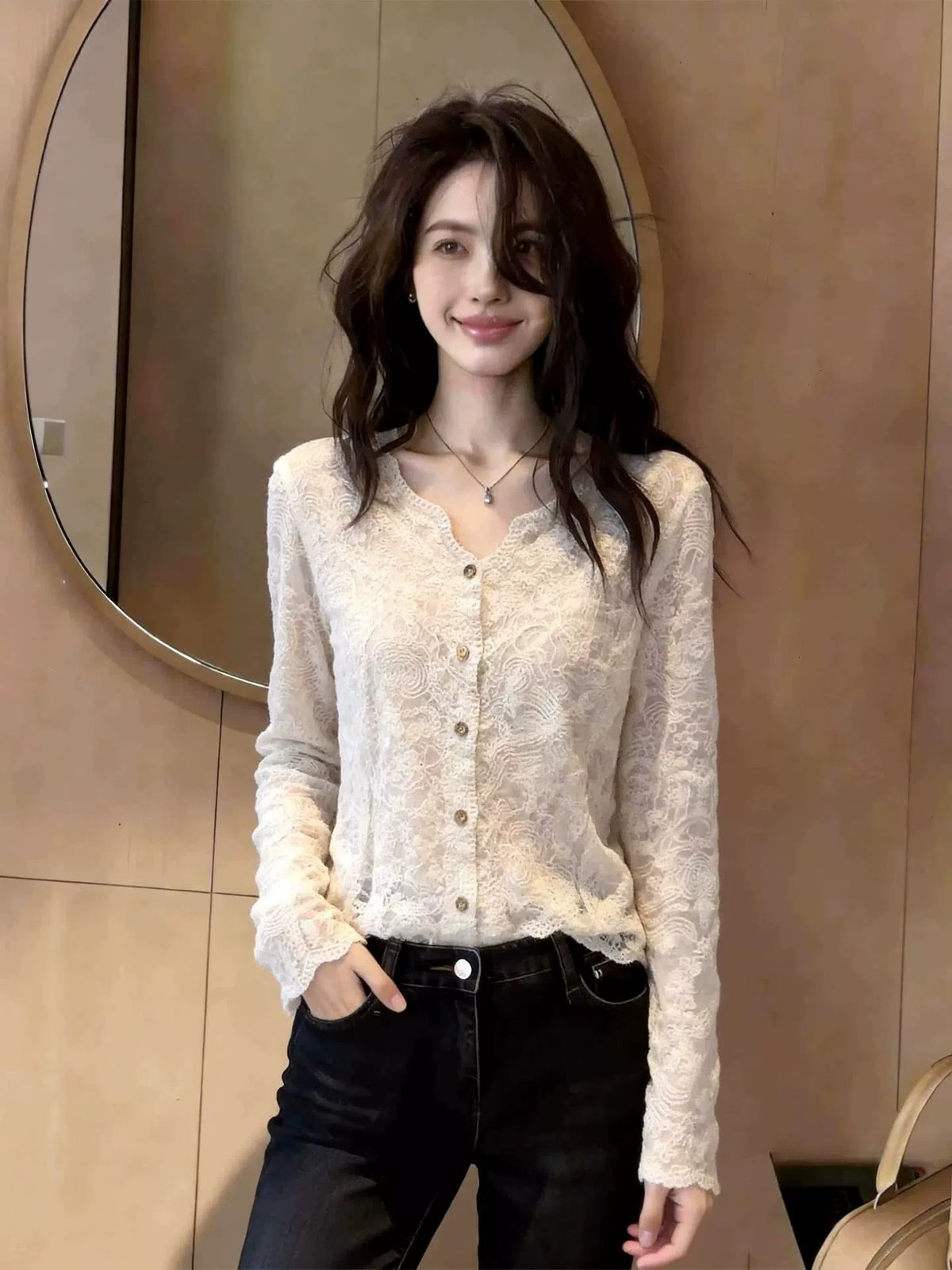 Women's V-Neck Lace Long Sleeve French-Inspired Cardigan for Office Outfits Everyday Work Date Night Fall Winter