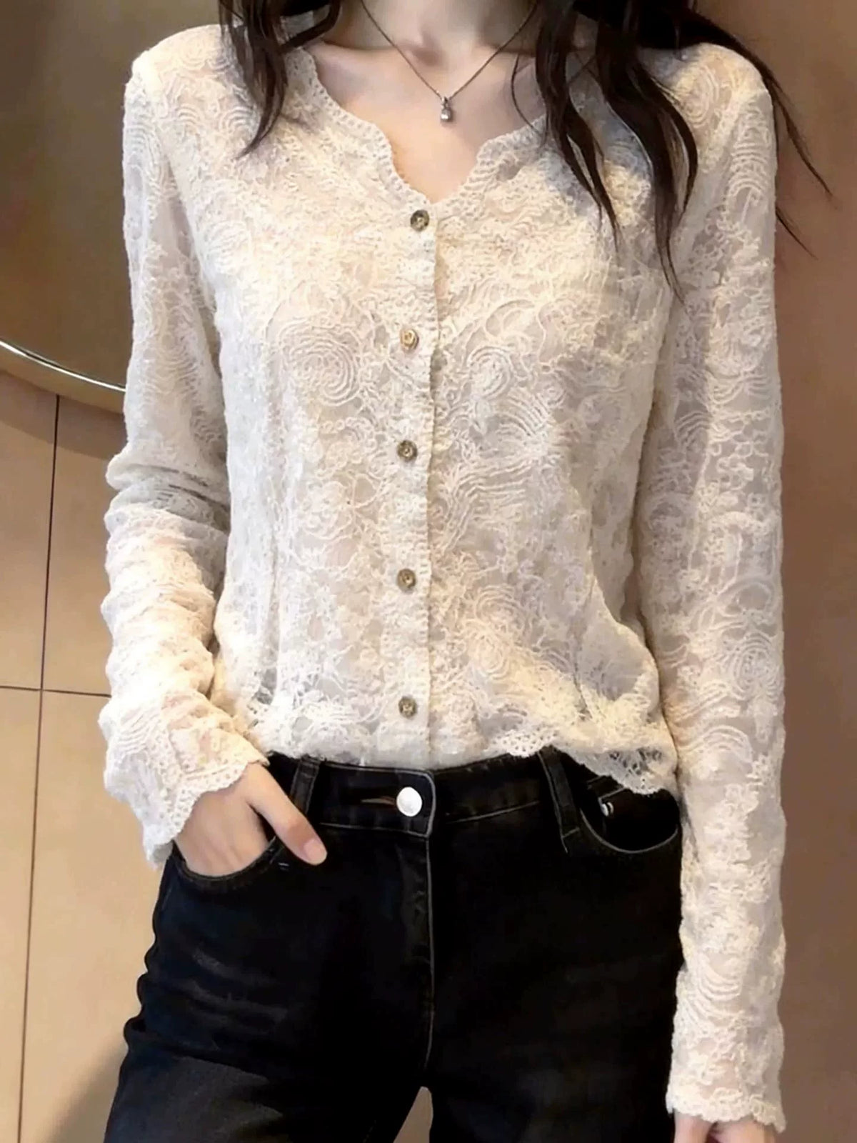 Women's V-Neck Lace Long Sleeve French-Inspired Cardigan for Office Outfits Everyday Work Date Night Fall Winter