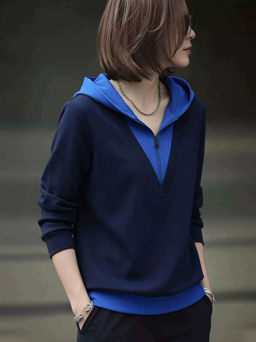 Women's Plus Size Oversized Slim-fit Layered Hoodie Color-block Sweatshirt for Casual Streetwear Fall Travel and Weekend Slimming Everyday Date Night
