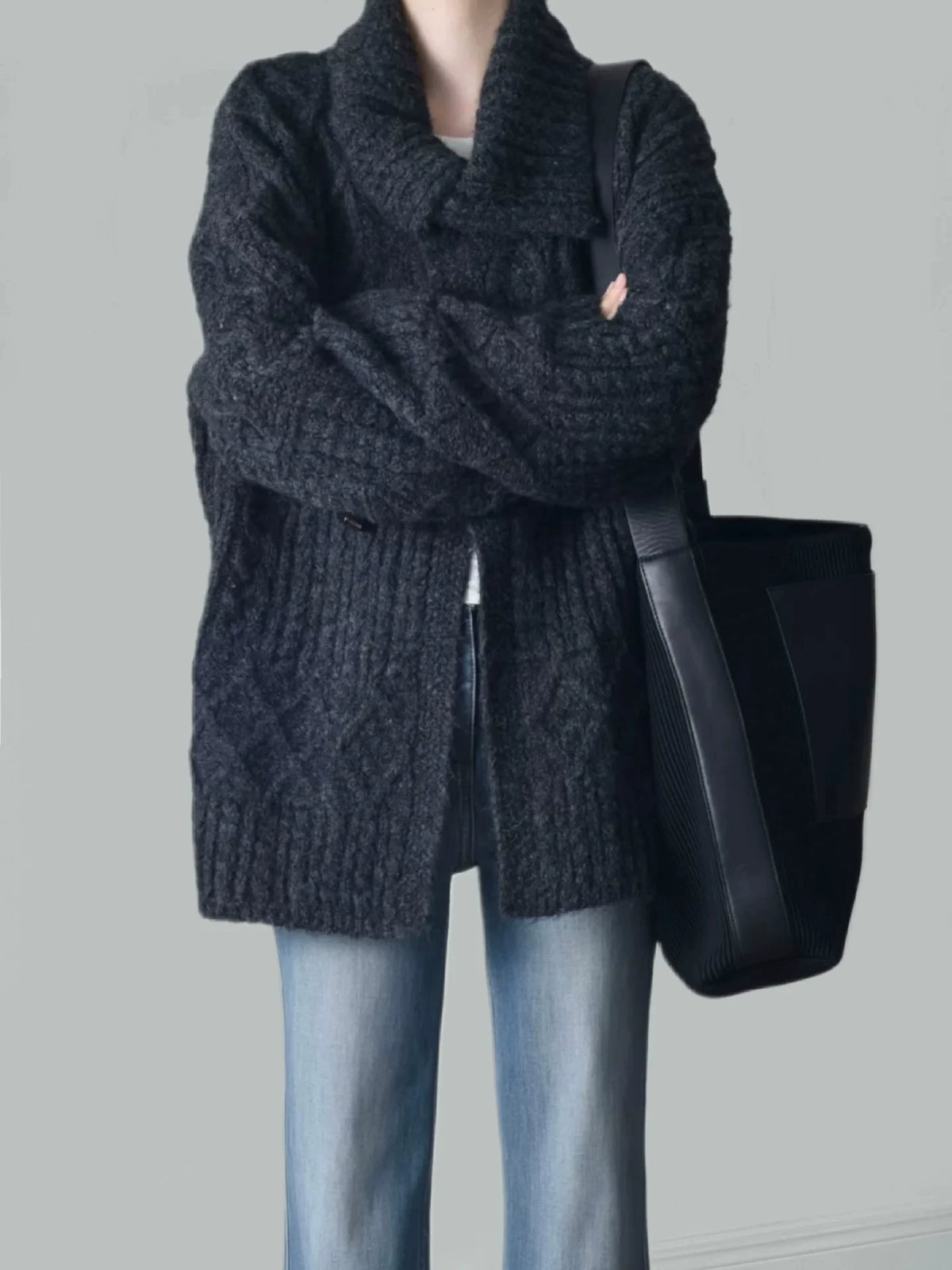 Women's Fall Winter Lapel Oversized Quiet-Luxury Relaxed Casual Knit Cardigan Open-Front Sweater for Office Outfits Work and Weekend Spring Everyday