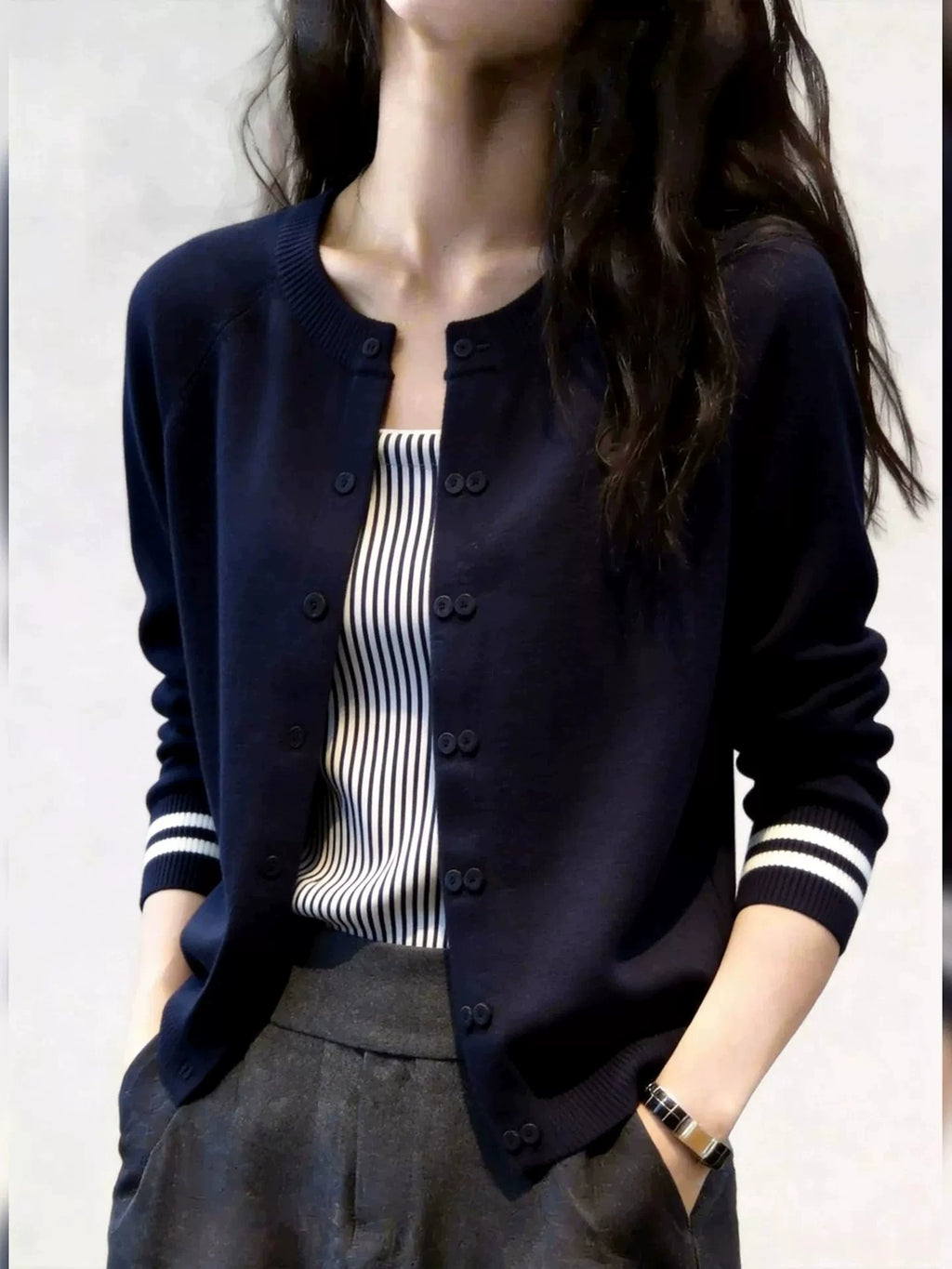 Women's Striped Slim-fit French-inspired Casual Knit Cardigan Open-front Sweater for Office Outfits Fall Work and Weekend Slimming Spring Everyday
