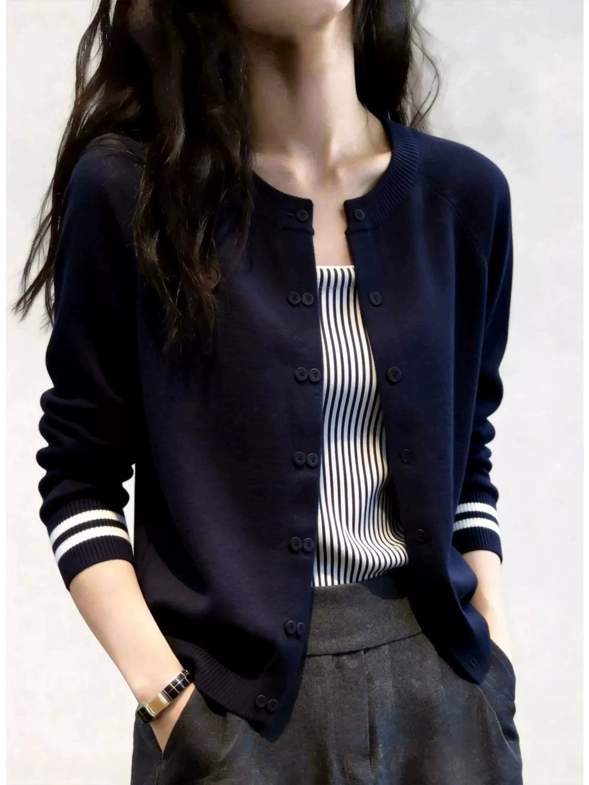 Women's Striped Slim-fit French-inspired Casual Knit Cardigan Open-front Sweater for Office Outfits Fall Work and Weekend Slimming Spring Everyday