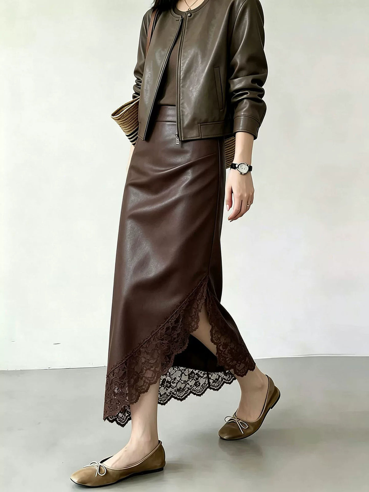 Women's Brown Lace Leather-look High-waist Slim-fit Asymmetric Clothing Top Weekend Everyday Slimming