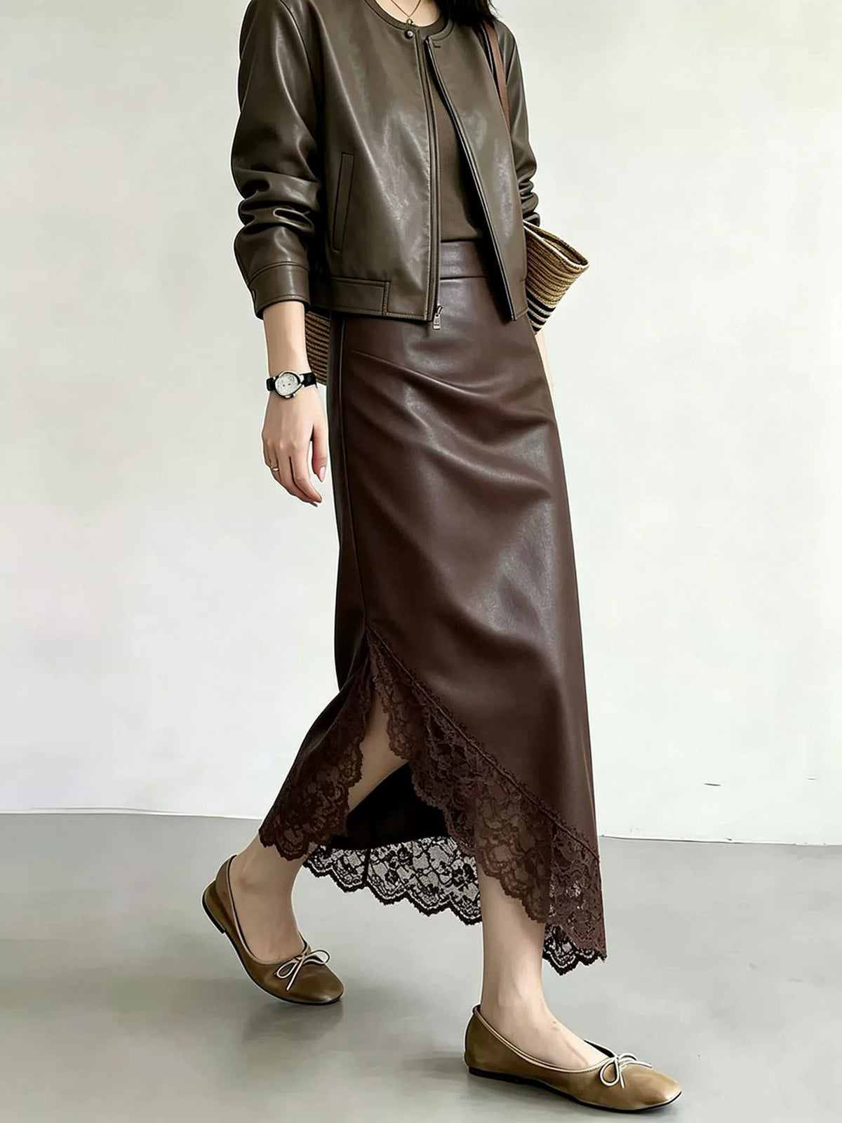 Women's Brown Lace Leather-look High-waist Slim-fit Asymmetric Clothing Top Weekend Everyday Slimming