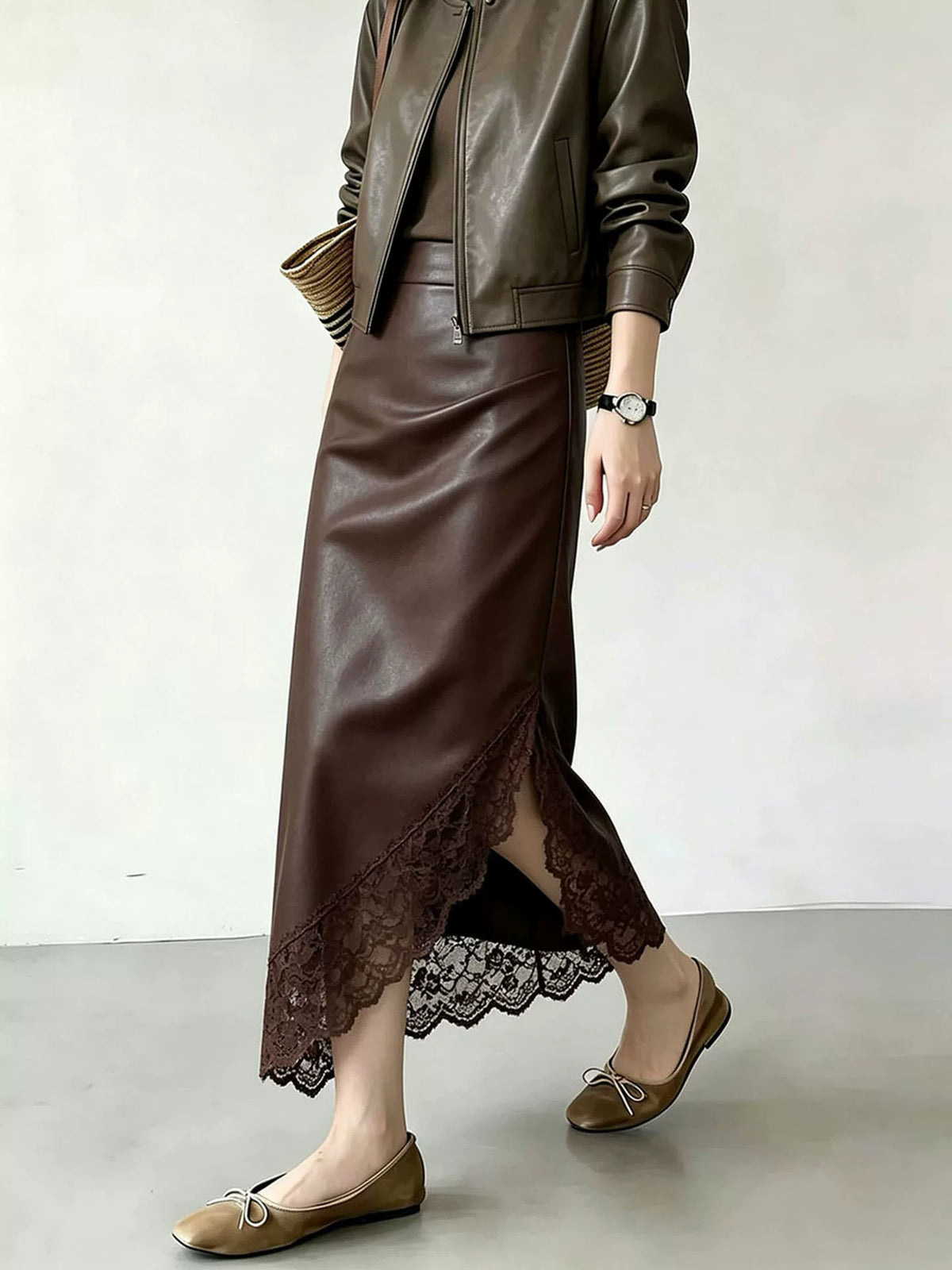Women's Brown Lace Leather-look High-waist Slim-fit Asymmetric Clothing Top Weekend Everyday Slimming