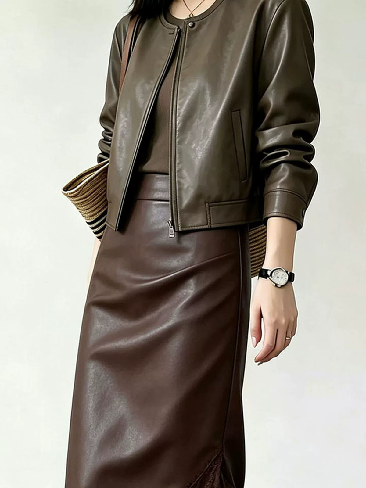 Women's Brown Lace Leather-look High-waist Slim-fit Asymmetric Clothing Top Weekend Everyday Slimming