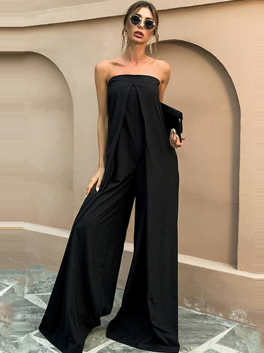 Women's Black Slim-Fit Office Workwear High-Waist Jumpsuit Sleeveless Overall Romper